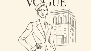 Petite model in a tailored blazer standing confidently outside a New York City agency building, vintage line illustration