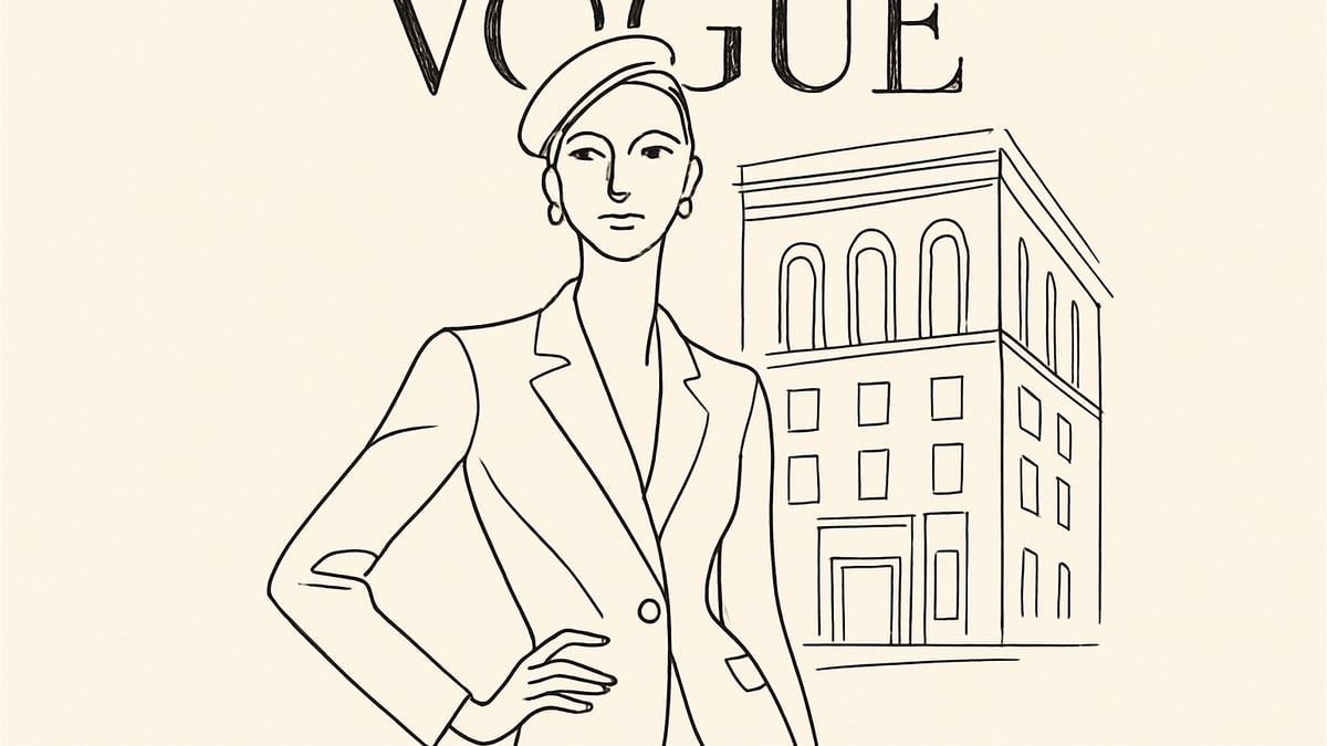 Petite model in a tailored blazer standing confidently outside a New York City agency building, vintage line illustration