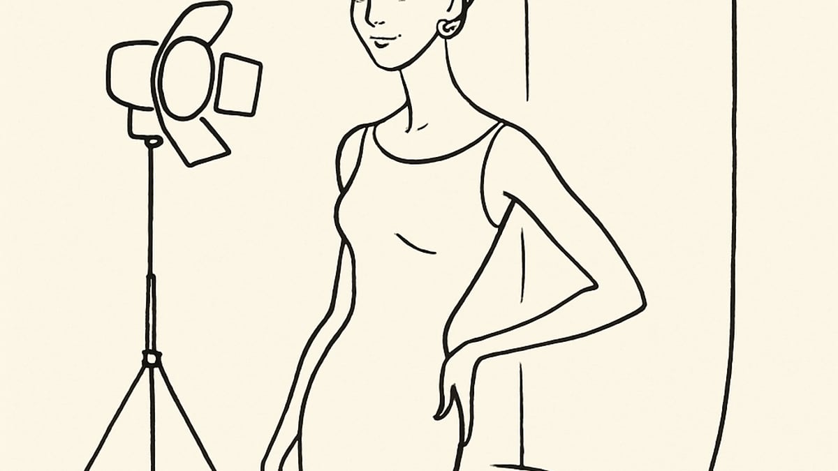 Petite model in a fitted dress posing for a commercial modeling shoot in a studio, vintage line illustration