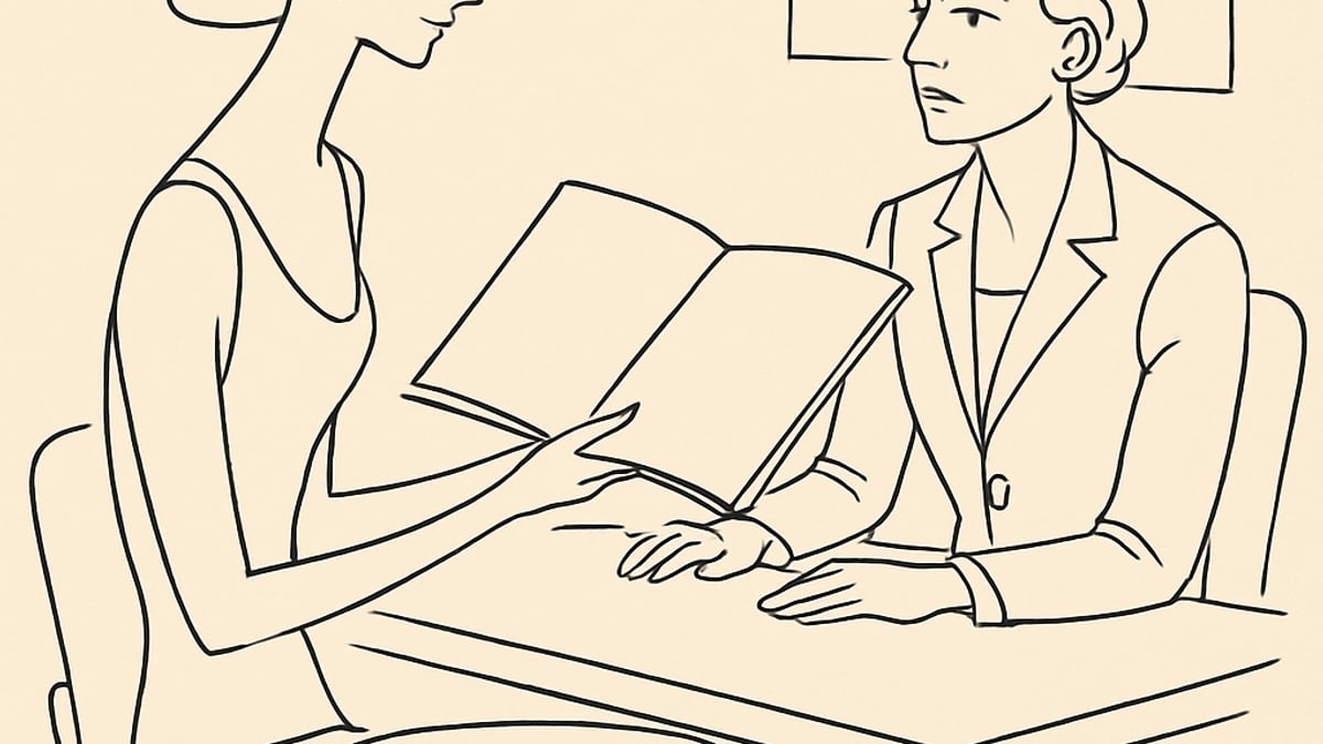 Aspiring petite model presenting her portfolio to a modeling agency agent in an office, vintage line illustration