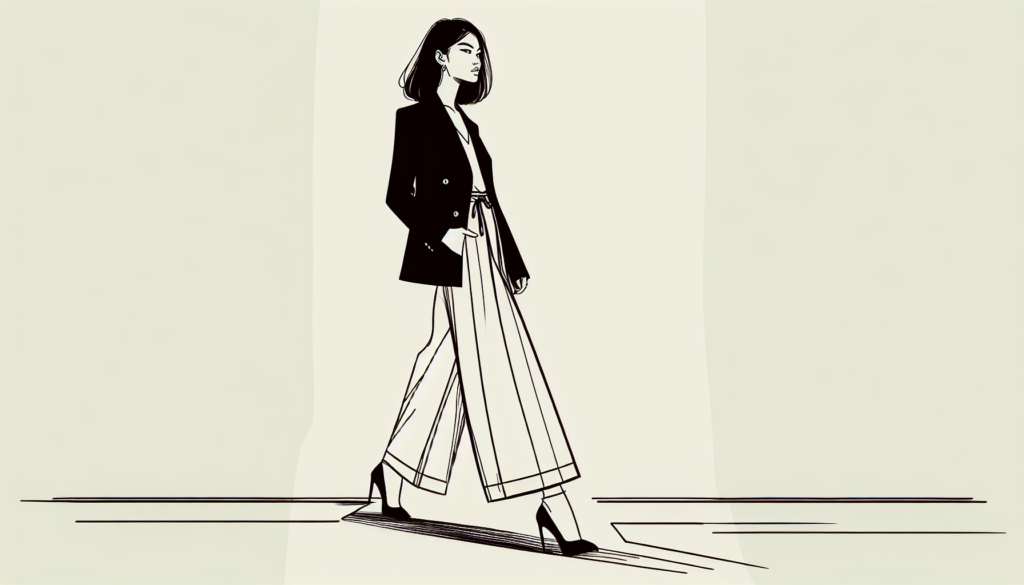 Aspiring model walking a runway during modeling classes, single-line vintage Vogue-style illustration