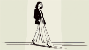 Aspiring model walking a runway during modeling classes, single-line vintage Vogue-style illustration