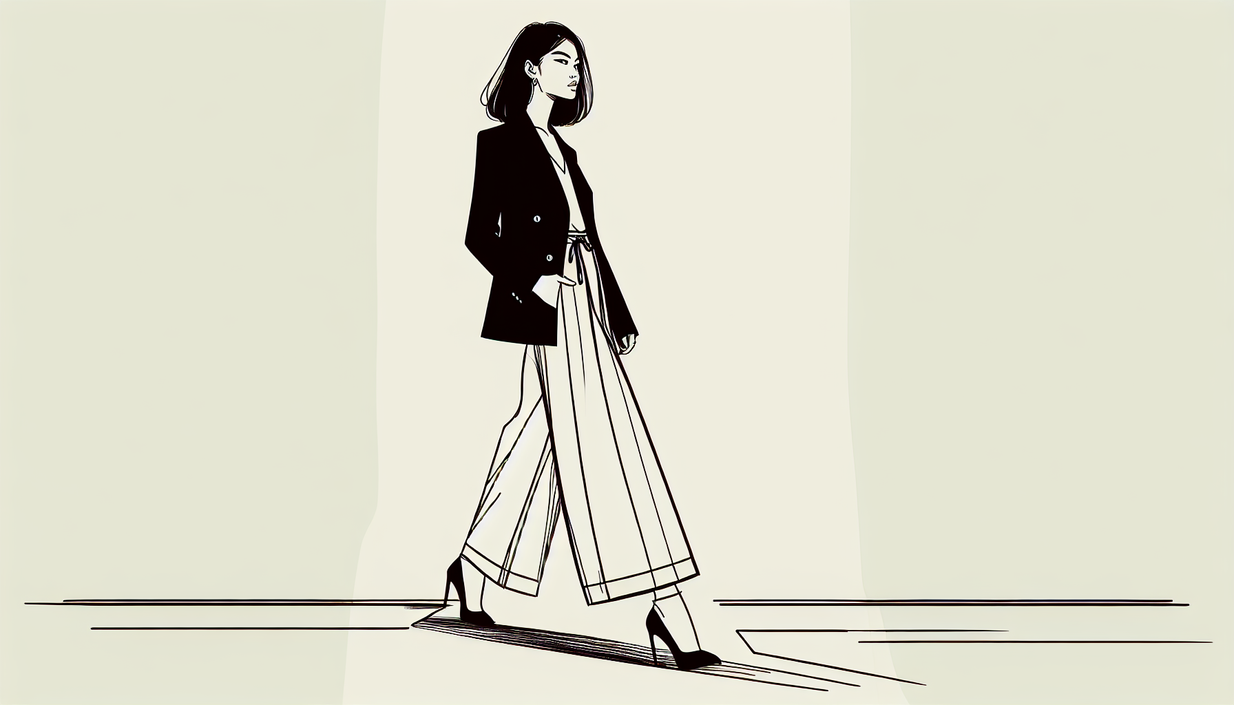 Aspiring model walking a runway during modeling classes, single-line vintage Vogue-style illustration