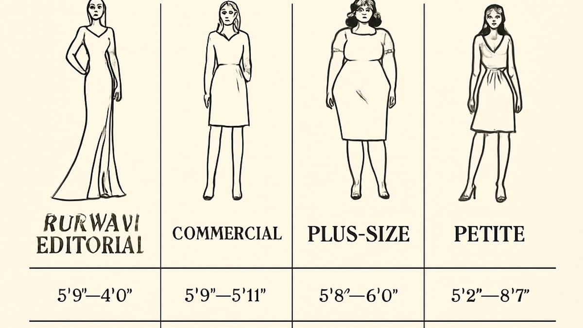 Infographic comparing New York modeling agency divisions — runway, commercial, plus-size, and petite — with height requirements, client types, and what bookers look for